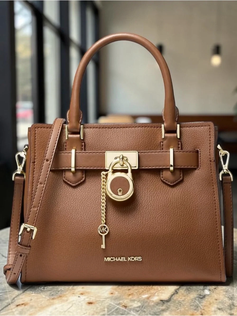 Michael Kors Hamilton Small Leather Satchel with Gold Hardware in Luggage Brown